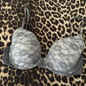 Self Expressions By Maidenform Bra Womens 36B Gray Lace T-Shirt Padded Underwire
